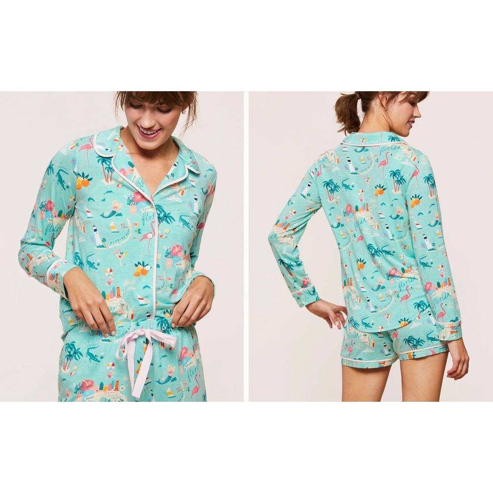 Spartina 449 Florida Pajama Set Womens M Long Sleeve Top Shorts Modal Flamingo